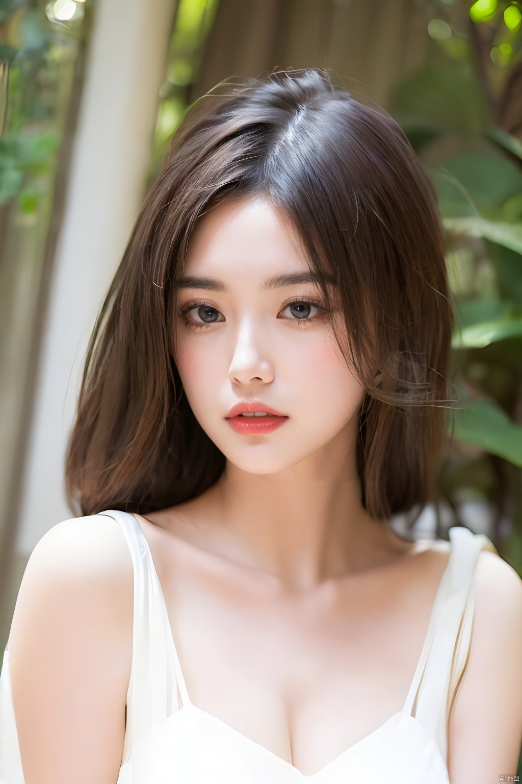  Best quality, masterpiece, ultra high res, Outdoor,(photorealistic:1.4), a girl,Depth of field, soft shadows, hazy glow, painterly effect,A clear face,Black hair, long hair, straight hair, white clothes,Amazing beauty,collarbone, slender waist，Sling dresses, sleeveless, tight clothes,