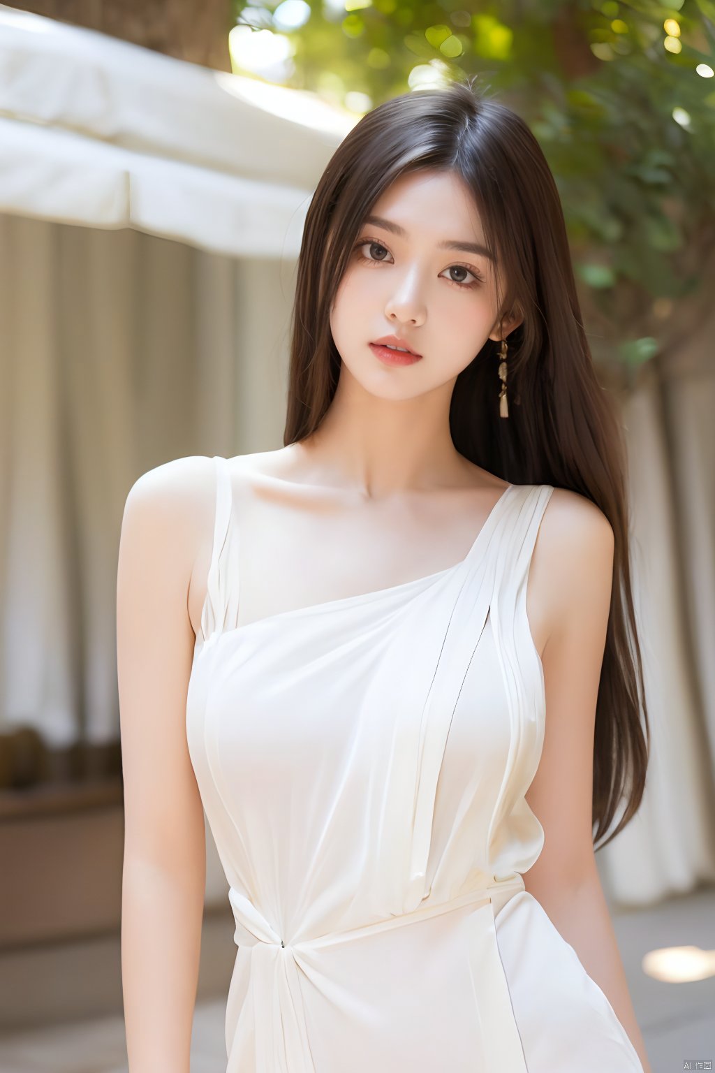  Best quality, masterpiece, ultra high res, Outdoor,(photorealistic:1.4), a girl,Depth of field, soft shadows, hazy glow, painterly effect,A clear face,Black hair, long hair, straight hair, white clothes,Amazing beauty,collarbone, slender waist，Sling dresses, sleeveless, tight clothes,