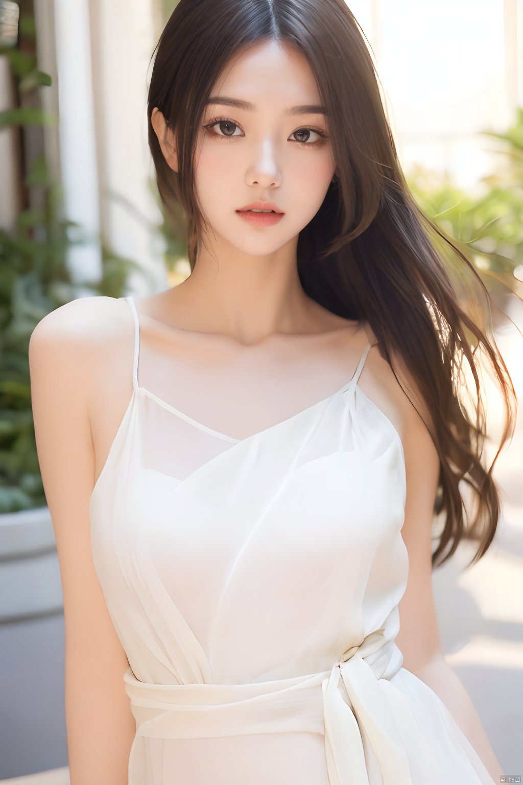  Best quality, masterpiece, ultra high res, Outdoor,(photorealistic:1.4), a girl,Depth of field, soft shadows, hazy glow, painterly effect,A clear face,Black hair, long hair, straight hair, white clothes,Amazing beauty,collarbone, slender waist，Sling dresses, sleeveless, tight clothes,