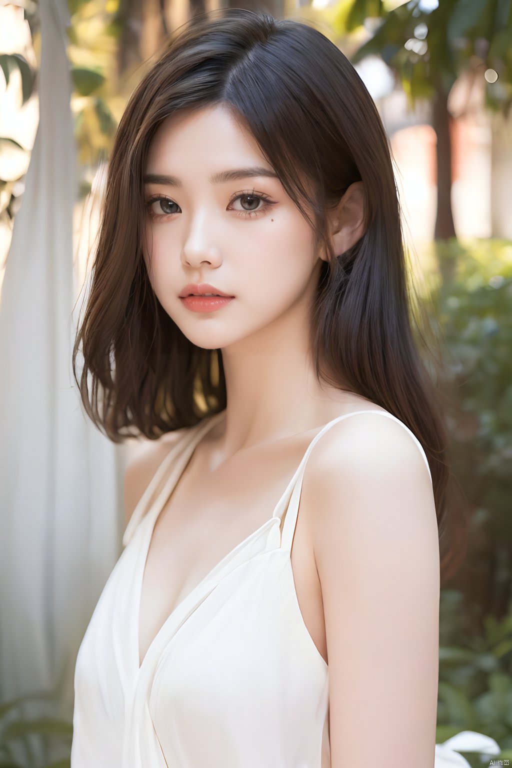  Best quality, masterpiece, ultra high res, Outdoor,(photorealistic:1.4), a girl,Depth of field, soft shadows, hazy glow, painterly effect,A clear face,Black hair, long hair, straight hair, white clothes,Amazing beauty,collarbone, slender waist，Sling dresses, sleeveless, tight clothes,