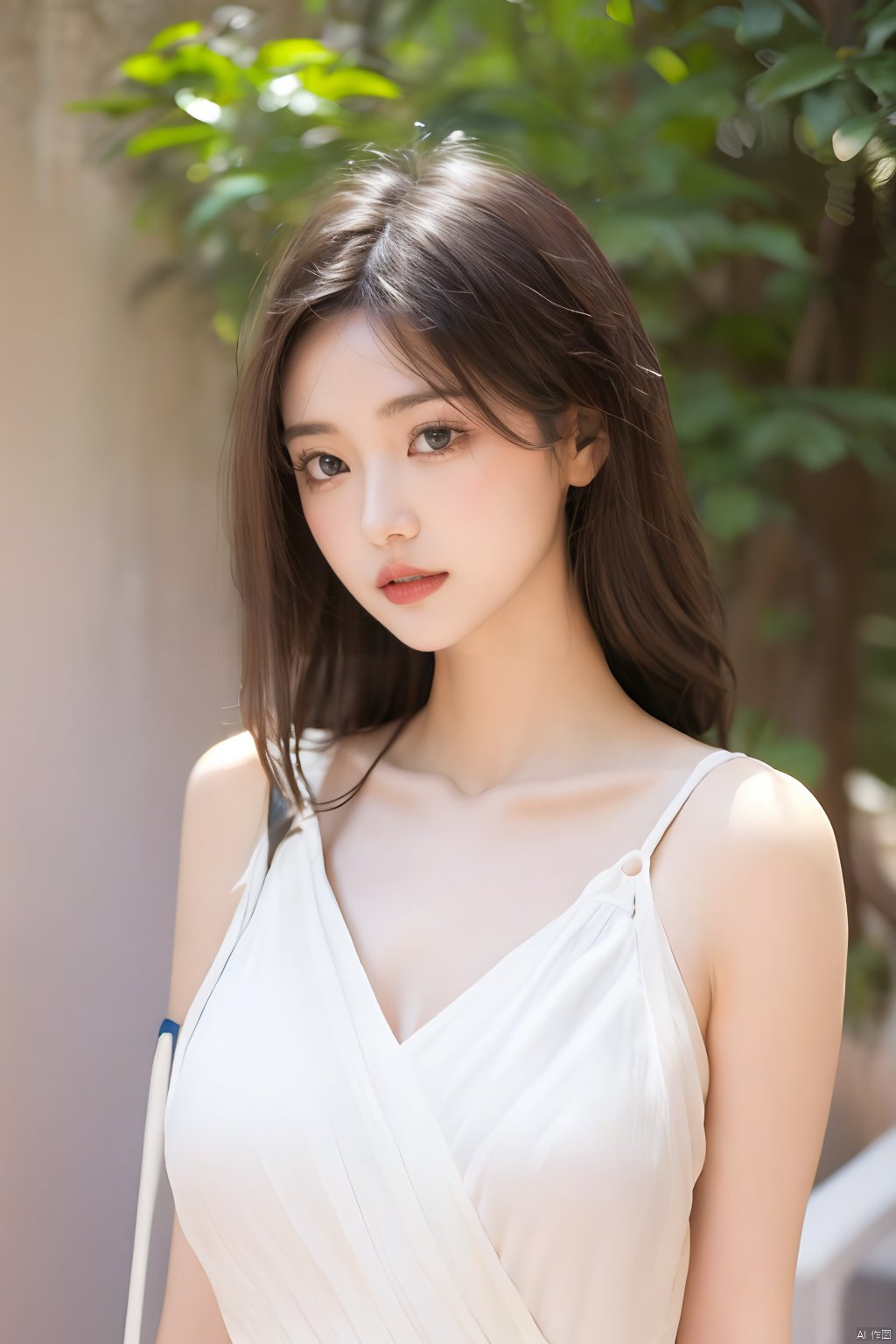  Best quality, masterpiece, ultra high res, Outdoor,(photorealistic:1.4), a girl,Depth of field, soft shadows, hazy glow, painterly effect,A clear face,Black hair, long hair, straight hair, white clothes,Amazing beauty,collarbone, slender waist，Sling dresses, sleeveless, tight clothes,