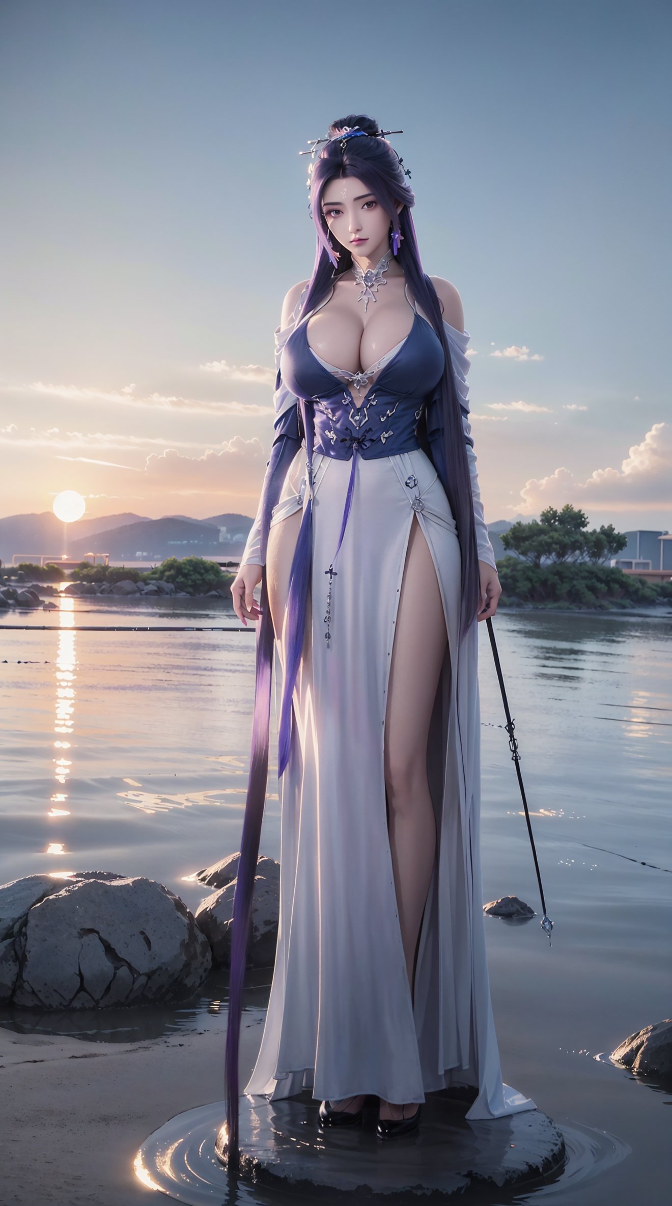 (surrounded by heavy floating sand flow and floating sharp stones),((ink)),((illustration)),(watercolor),best quality,1girl,CG,C4D,3D,solo,masterpiece,(sunset:1.3),(large breasts:1.3),full body,(purple blue hair:1.2),(photorealistic:1.4),unity 8k wallpaper,blunt bangs,huasanchuan,(ultra detailed:1.3),(light_on_face:1.4),blcc,(looking at viewer:1.2),light rays,(very_long_hair:1.3),(kanji:1.3),(outdoors:1.2),runes,Ice crystals fly around,