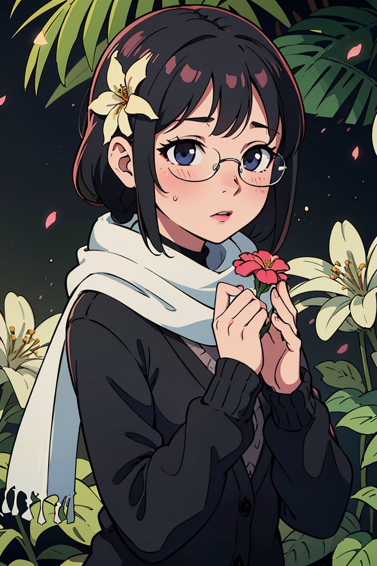 masterpiece, best quality, highres, detailed, illustration, ray tracing, (flowers:1.2), petals, waterdrops, leaves, (light particles:1.2), bokeh, upper body, 1girl, solo, black hair, (blush:1.2), hair ornaments, glasses, scarf, black cardigan, hiten1,
