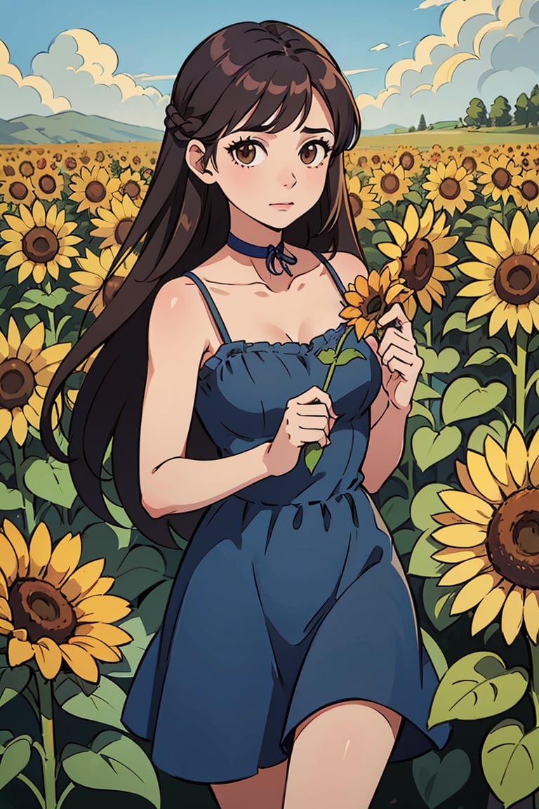 aesthetic style, 1girl, sunflower, solo, holding flower, looking at viewer, brown hair, brown eyes, blue dress, closed mouth, ribbon choker, sleeveless dress, long hair, bare shoulders, outdoors, neck ribbon, sundress, spaghetti strap, leaf
