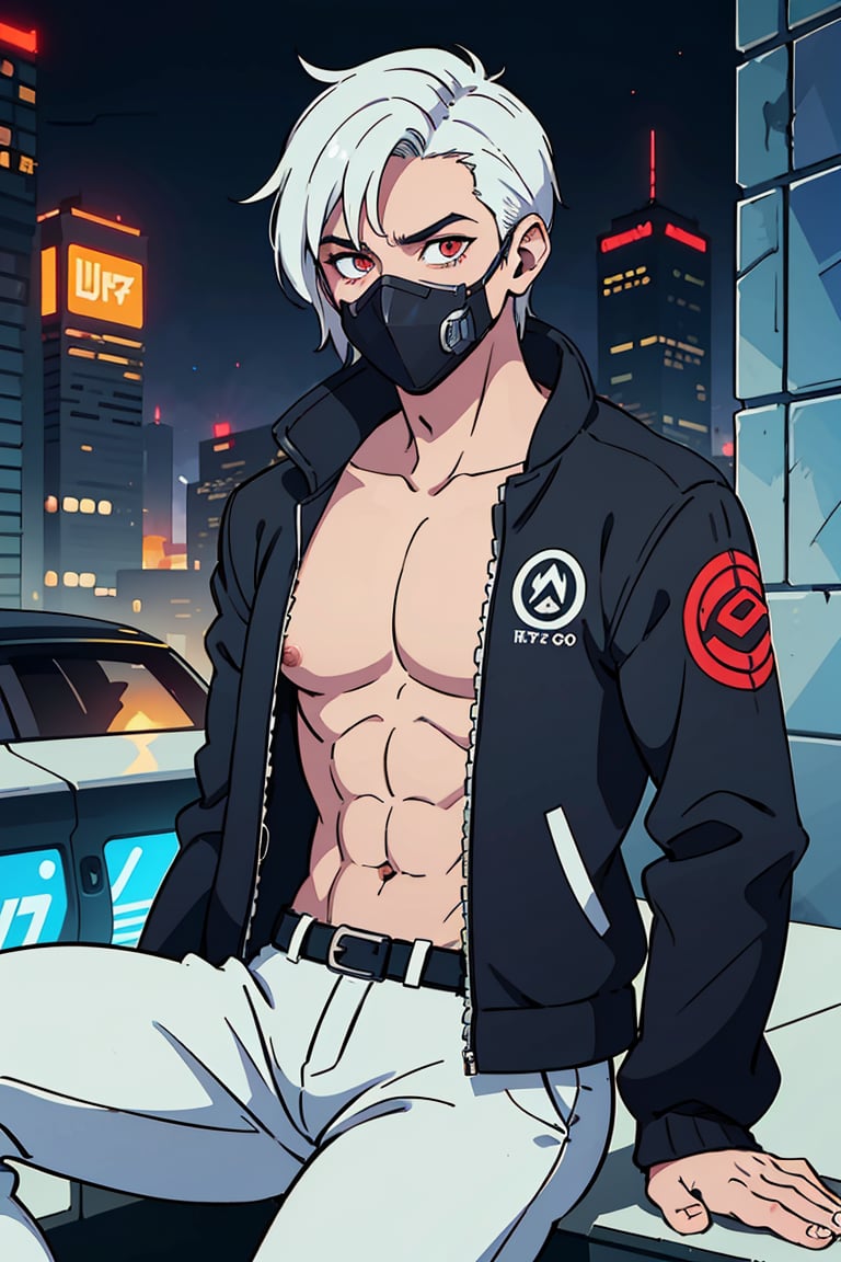 "dark theme :: closeup face focus, ultra realistic futuristic cyberpunk muscular male white hair sitting :: cyberpunk face (cyber eyes) :: cool cybernetic punk jacket red neon eyes :: shirtless:: mechanical intricate mask :: natural lighting :: bokeh :: 8k :: best quality :: masterpiece :: futuristic cityscape background"
