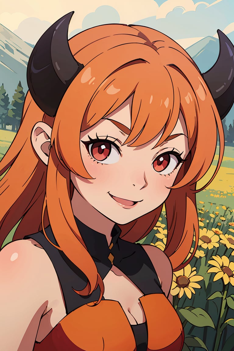 ((ultra detailed, masterpiece, best quality)) BGMizora, 1girl, solo, orange hair, red eyes, colored skin, horns, demon girl, In a field of wildflowers, wearing a flowing dress, smiling
