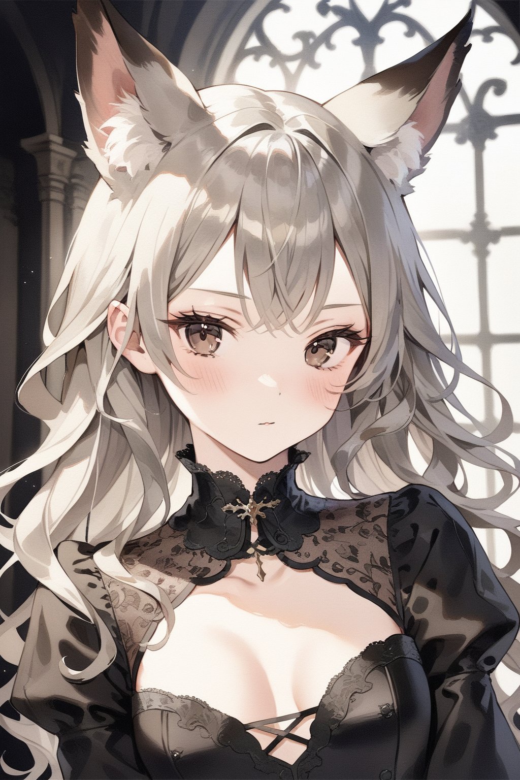 masterpiece, best quality, aesthetic, Animecore, Flemish Baroque ,1girl,succubus, , sexy, hot,realistic, , animal ear fluff, animal ears, blush, brown eyes, closed mouth, dress, extra ears, grey hair, hair between eyes, long hair, long sleeves, looking at viewer, solo, swept bangs, upper body