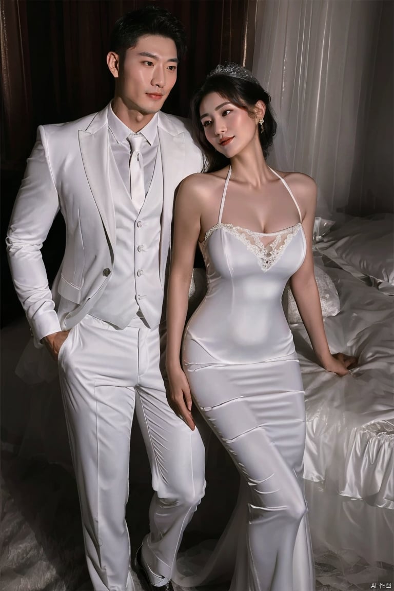  1man and 1woman,cuddling,Asian,exquisite facial features,charming,affectionate,(muscular handsome man wearing formal suit,)BREAK(pretty woman wearing wedding_dress,off shoulders,neck lace),Volumetric lighting,full shot,High-end fashion photoshoot,(masterpiece, realistic, best quality, highly detailed),jzns,plns,pjcouple, white dress