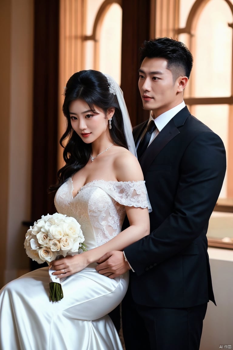  1man and 1woman,cuddling,Asian,exquisite facial features,charming,affectionate,(muscular handsome man wearing formal suit,)BREAK(pretty woman wearing wedding_dress,off shoulders,neck lace),Volumetric lighting,full shot,High-end fashion photoshoot,(masterpiece, realistic, best quality, highly detailed),jzns,plns,pjcouple