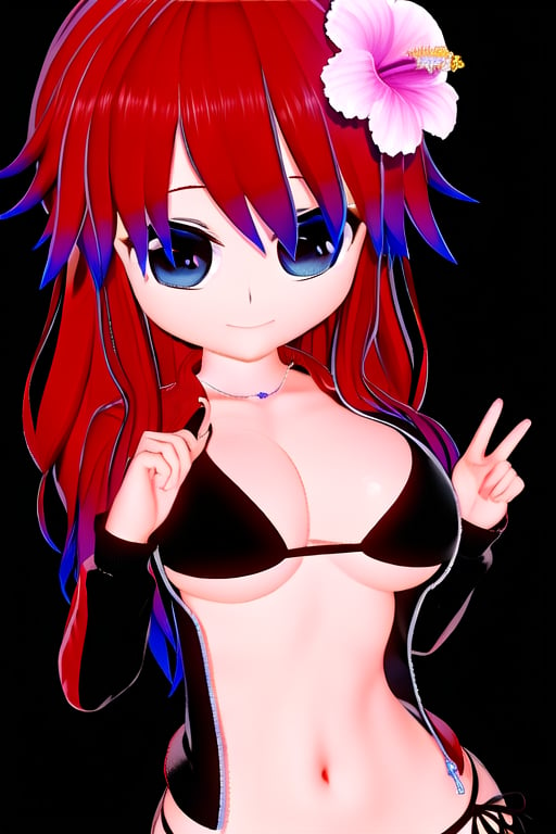 Azami Tadaki, a cute girl with red hair and big anime eyes, in her sleepwear, bikini, open jacket, 1 girl, red hair, blue eyes, long hair, cleavage, jewelry, necklace, smile