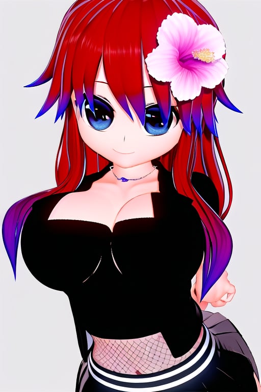 Azami Tadaki, a cute girl with hair color of red and big anime eyes  wearing a mesh top, a black miniskirt, and an open black short jacket. She also wears a blouse with a square neckline, 1girl, red hair, blue eyes,  long hair, cleavage, jewelry, necklace, smile, hair flower