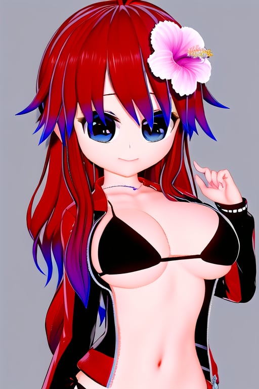 Azami Tadaki, a cute girl with red hair and big anime eyes, in her sleepwear, bikini, open jacket, 1 girl, red hair, blue eyes, long hair, cleavage, jewelry, necklace, smile