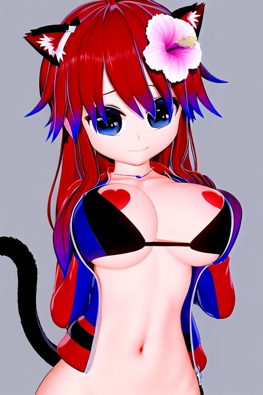 Azami Tadaki, a cute girl with red hair and big anime eyes, she love you, half naked, cat ears, cat tail, open jacket, heart stickers on her breasts, red and blue jacket, no underwear, 1 girl, red hair, blue eyes, long hair, cleavage, jewelry, necklace, 