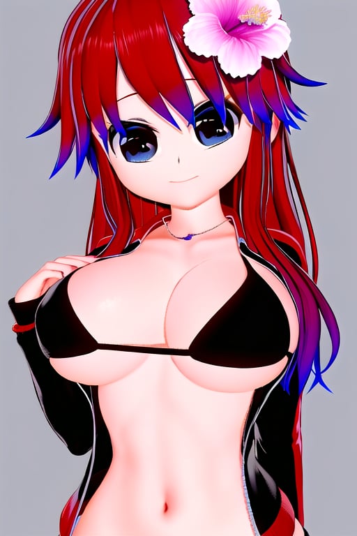 Azami Tadaki, a cute girl with red hair and big anime eyes, in her sleepwear, bikini, open jacket, 1 girl, red hair, blue eyes, long hair, cleavage, jewelry, necklace, smile