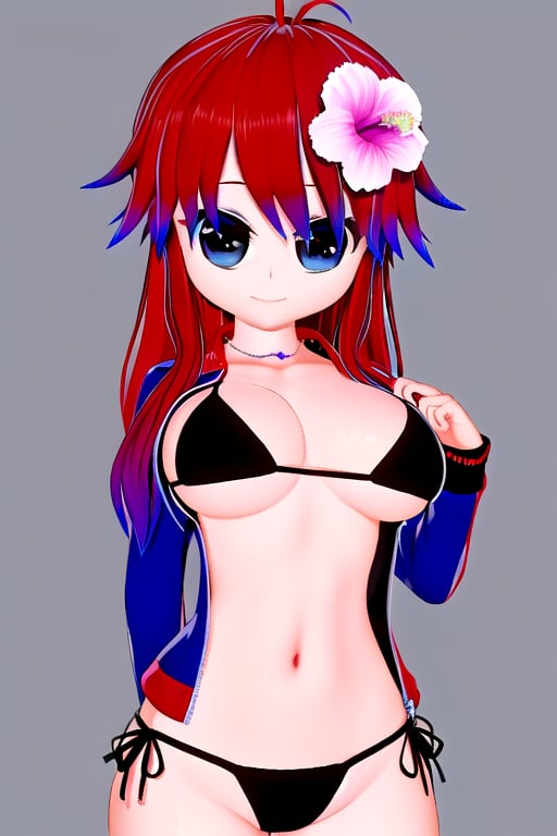 Azami Tadaki, a cute girl with red hair and big anime eyes, in her sleepwear, bikini, open jacket, 1 girl, red hair, blue eyes, long hair, cleavage, jewelry, necklace, smile