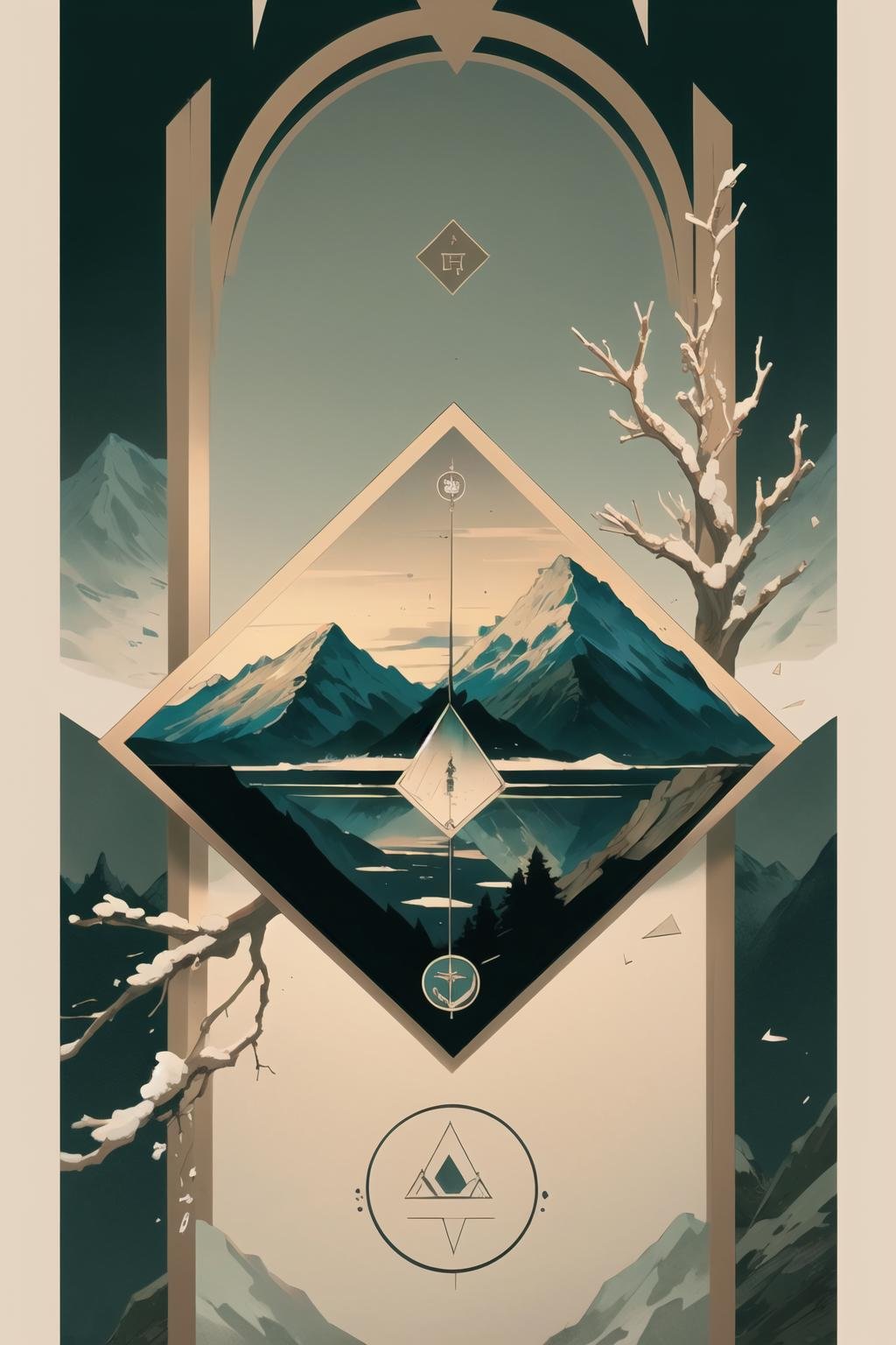 <lora:wrenchgeometricgalore:0.8>, wrenchgeometricgalore, geometric pattern, square, triangle, water, tree, mountain, <lora:wrenchwhispersofzen:0.8>, wrenchwhispersofzen, white background, snow, (glass shards,:1.2) glass, winter, (tarot \(card\):1.3), border, 