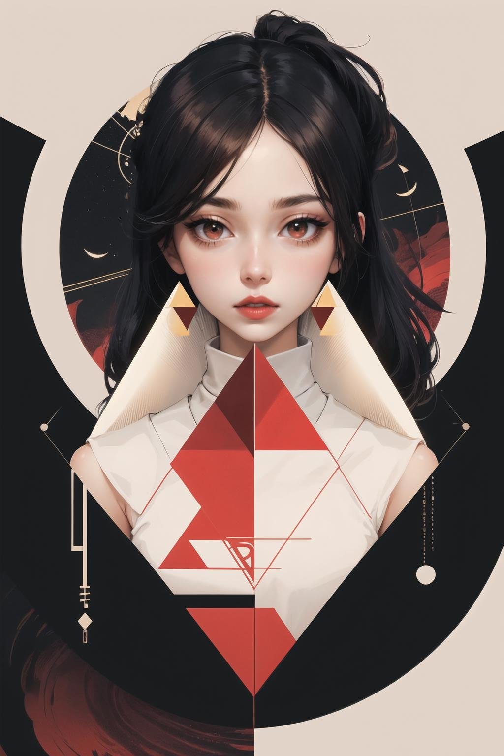 <lora:wrenchgeometricgalore:1>, wrenchgeometricgalore, geometric pattern, square, triangle, long hair, floating hair, black hair, white kimono, black background, parted lips, red lips, 