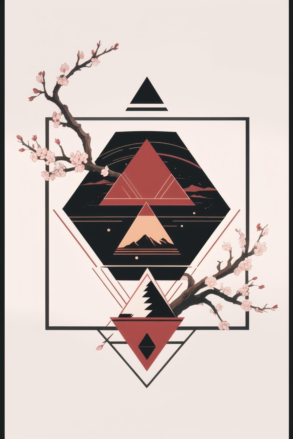 <lora:wrenchgeometricgalore:1>, wrenchgeometricgalore, geometric pattern, waterfall, tree, hill, scenery, border, red theme, cherry blossoms, square, triangle, arrow \(symbol\), (white background:1.1), 