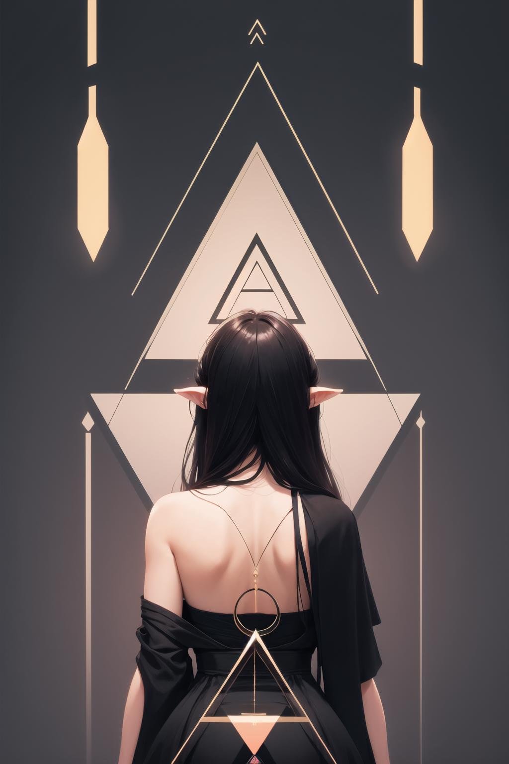 <lora:wrenchgeometricgalore:1>, wrenchgeometricgalore, geometric pattern, square, triangle, from behind, backless dress, black dress, black hair, pointy ears, long hair, circle