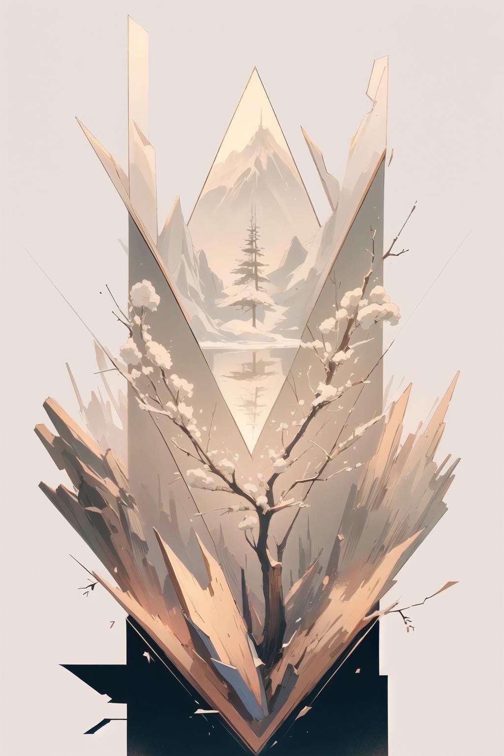 <lora:wrenchgeometricgalore:0.8>, wrenchgeometricgalore, geometric pattern, square, triangle, water, tree, mountain, <lora:wrenchwhispersofzen:0.8>, wrenchwhispersofzen, white background, snow, (glass shards,:1.2) glass, winter, 