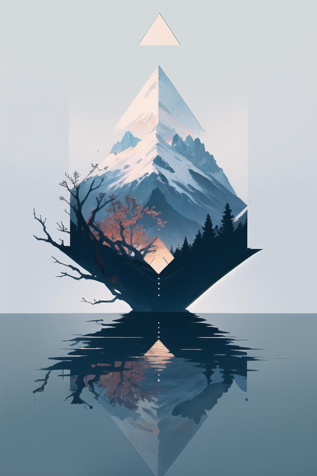 <lora:wrenchgeometricgalore:0.8>, wrenchgeometricgalore, geometric pattern, square, triangle, water, tree, mountain, <lora:wrenchwhispersofzen:0.8>, wrenchwhispersofzen, white background, snow, glass shards, 