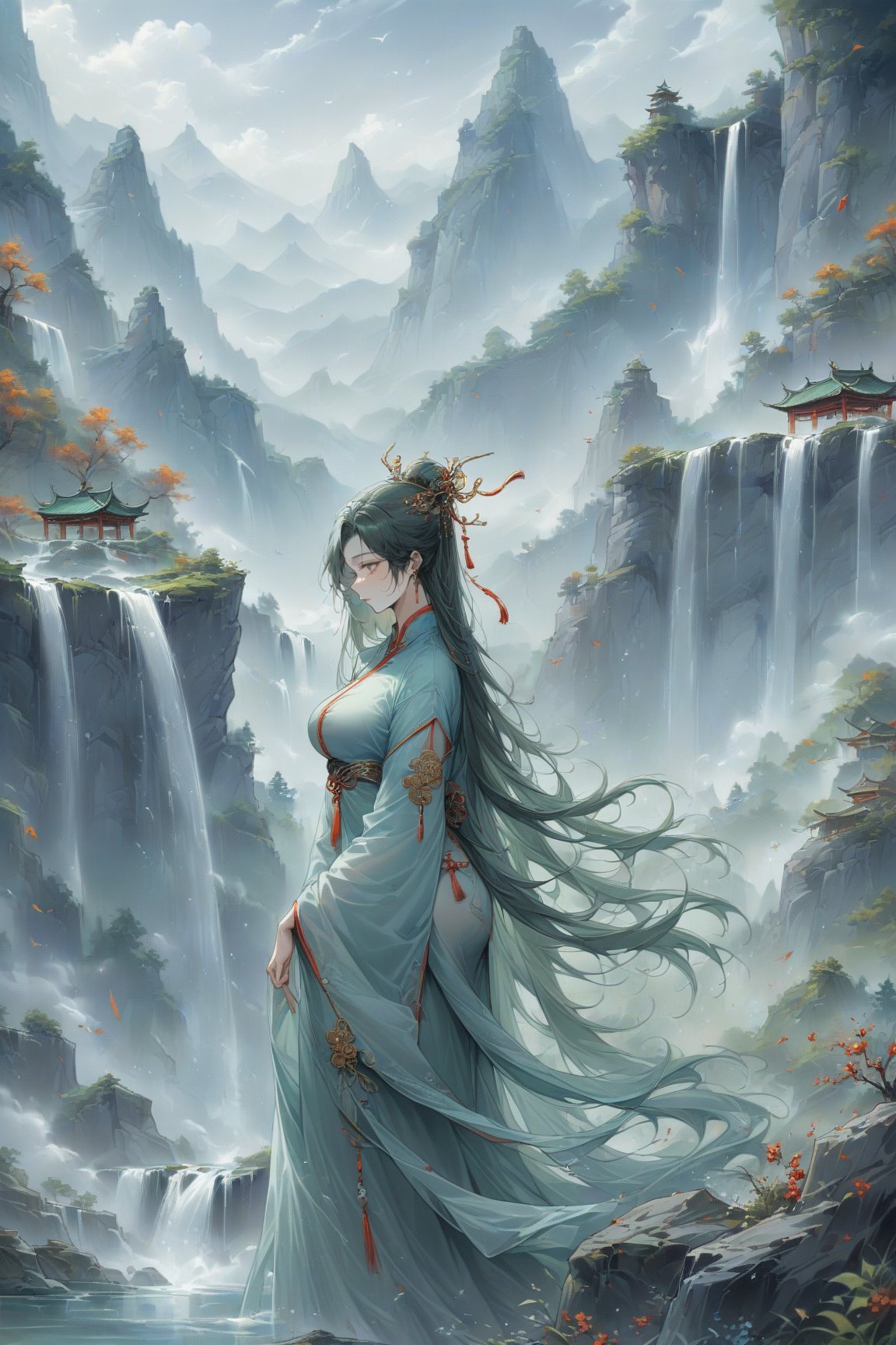 a girl, ancient chinese costume, on the beautiful landscape, waterfall, mountain, long hair, floating, gloomy, beauty, goddess
(masterpiece), ultra detail, 8k, (best quality),ACPt,more detail XL