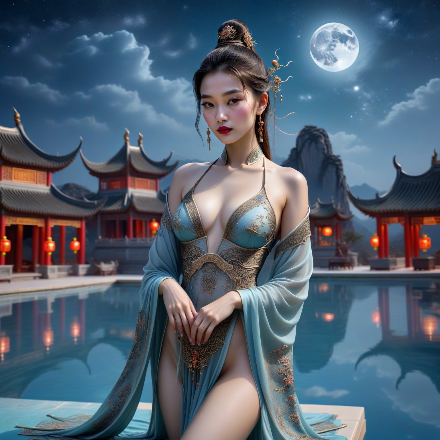 a girl, chinese fantasy art, professional model, posing on the pool, night sky
(masterpiece), ultra detail, 8k, (best quality),ACPt,more detail XL