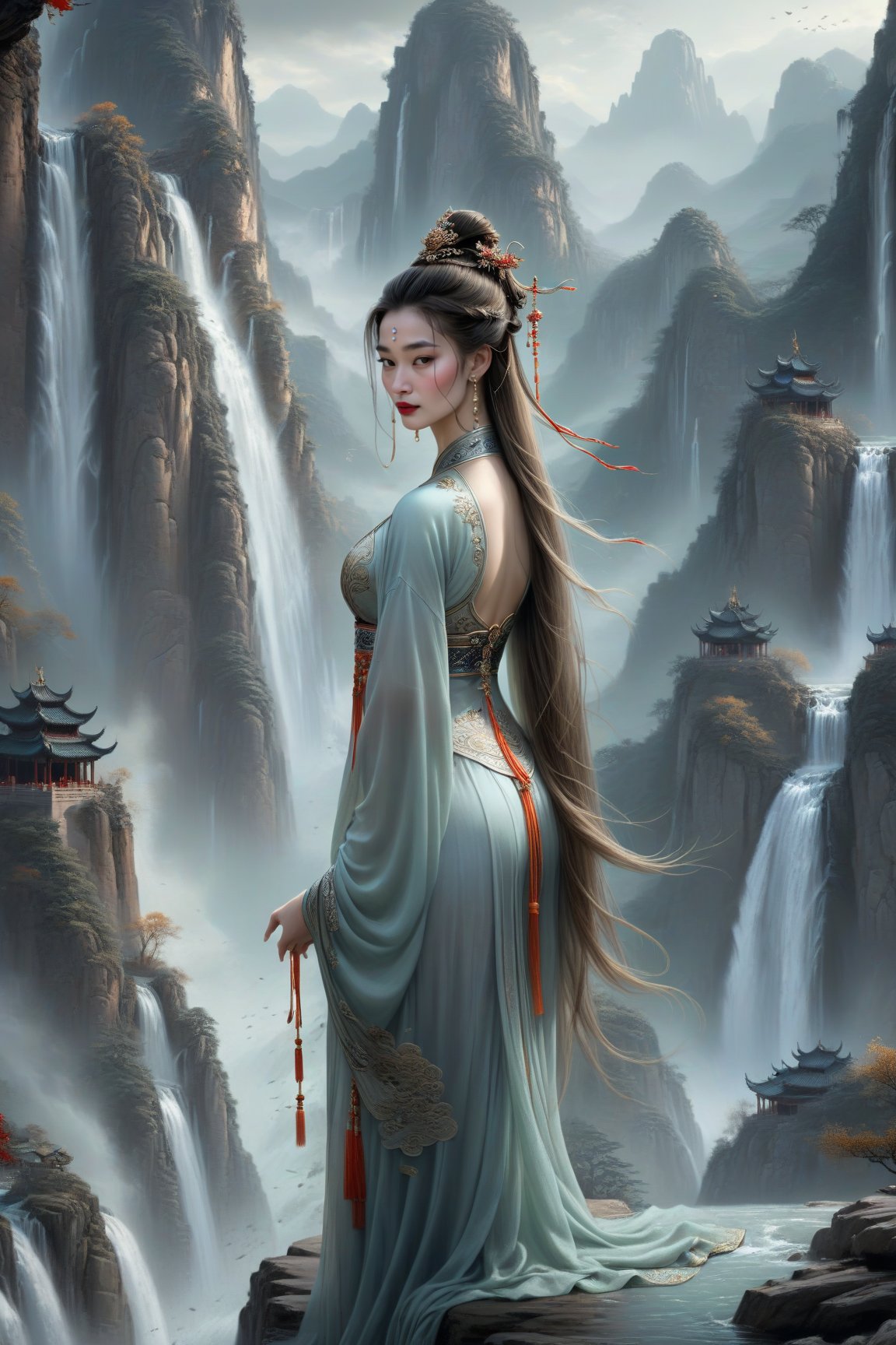 a girl, ancient chinese costume, on the beautiful landscape, waterfall, mountain, long hair, floating, gloomy, beauty, goddess
(masterpiece), ultra detail, 8k, (best quality),ACPt,more detail XL