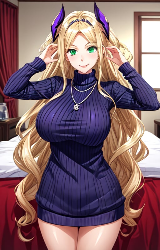 1 girl, solo, best quality, high resolution, ultra high quality, perfect lighting, long hair, breasts, looking at viewer, smile, blonde hair, big breasts, very long hair, green eyes, necklace, hair ornament, parted bangs, wavy hair, room, random pose, sweater, ribbed sweater, purple sweater