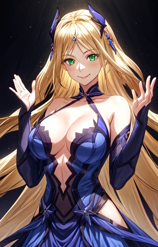 1 girl, solo, upper body, best quality, high resolution, perfect lighting, long hair, breasts, looking at viewer, smile, blonde hair, big breasts, dress, cleavage, bare shoulders, very long hair, green eyes, necklace, split bangs, wavy hair, long dress, salon de vaile, raise your hand, waving