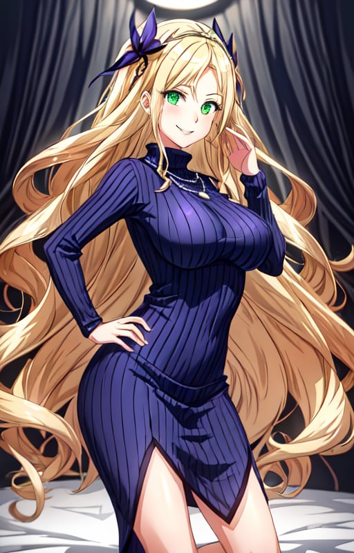 1 girl, solo, best quality, high resolution, ultra high quality, perfect lighting, long hair, breasts, looking at viewer, smile, blonde hair, big breasts, very long hair, green eyes, necklace, hair ornament, parted bangs, wavy hair, room, random pose, sweater, ribbed sweater, purple sweater