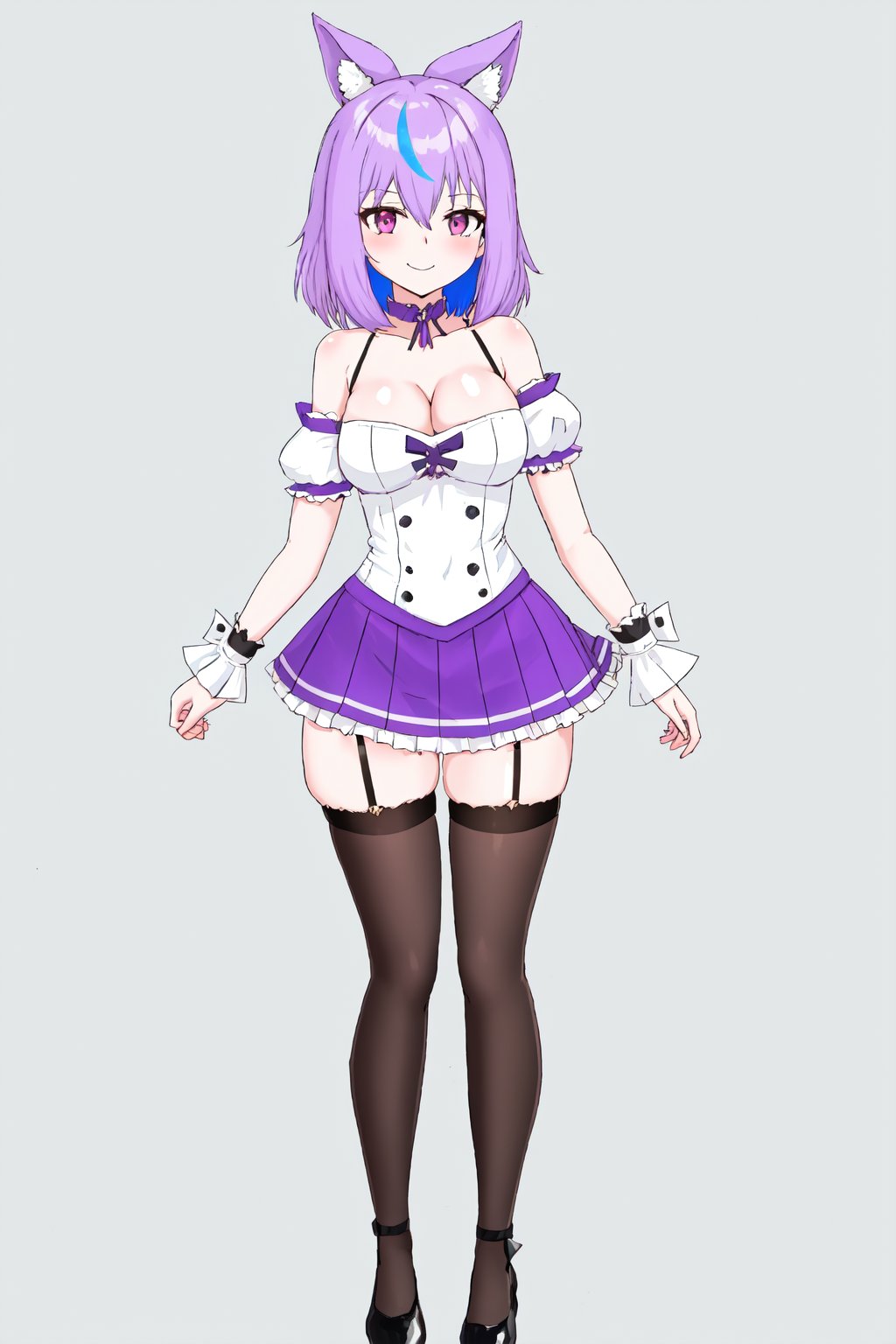 HyogaYome, 1girl, solo, breasts, looking at viewer, blush, smile, bangs, skirt, simple background, shirt, red eyes, thighhighs, white background, animal ears, cleavage, hair between eyes, bare shoulders, long breasts, closed mouth, blue hair, standing, purple eyes, full body, white shirt, purple hair, short sleeves, multicolored hair, pleated skirt, frills, detached sleeves, shoes, puffy sleeves, black thighhighs, virtual youtuber, black footwear, kangaroo ears, puffy short sleeves, streaked hair, wrist cuffs, garter straps, frilled skirt, purple skirt

