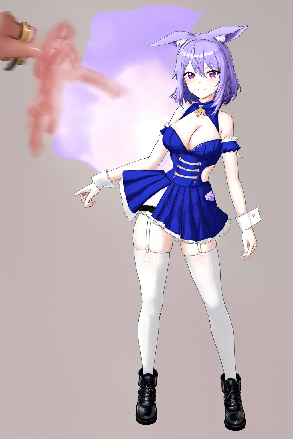 HyogaYome, 1girl, solo, breasts, looking at viewer, blush, smile, bangs, skirt, simple background, shirt, red eyes, thighhighs, white background, animal ears, cleavage, hair between eyes, bare shoulders, long breasts, closed mouth, blue hair, standing, purple eyes, full body, white shirt, purple hair, short sleeves, multicolored hair, pleated skirt, frills, detached sleeves, shoes, puffy sleeves, black thighhighs, virtual youtuber, black footwear, kangaroo ears, puffy short sleeves, streaked hair, wrist cuffs, garter straps, frilled skirt, purple skirt

