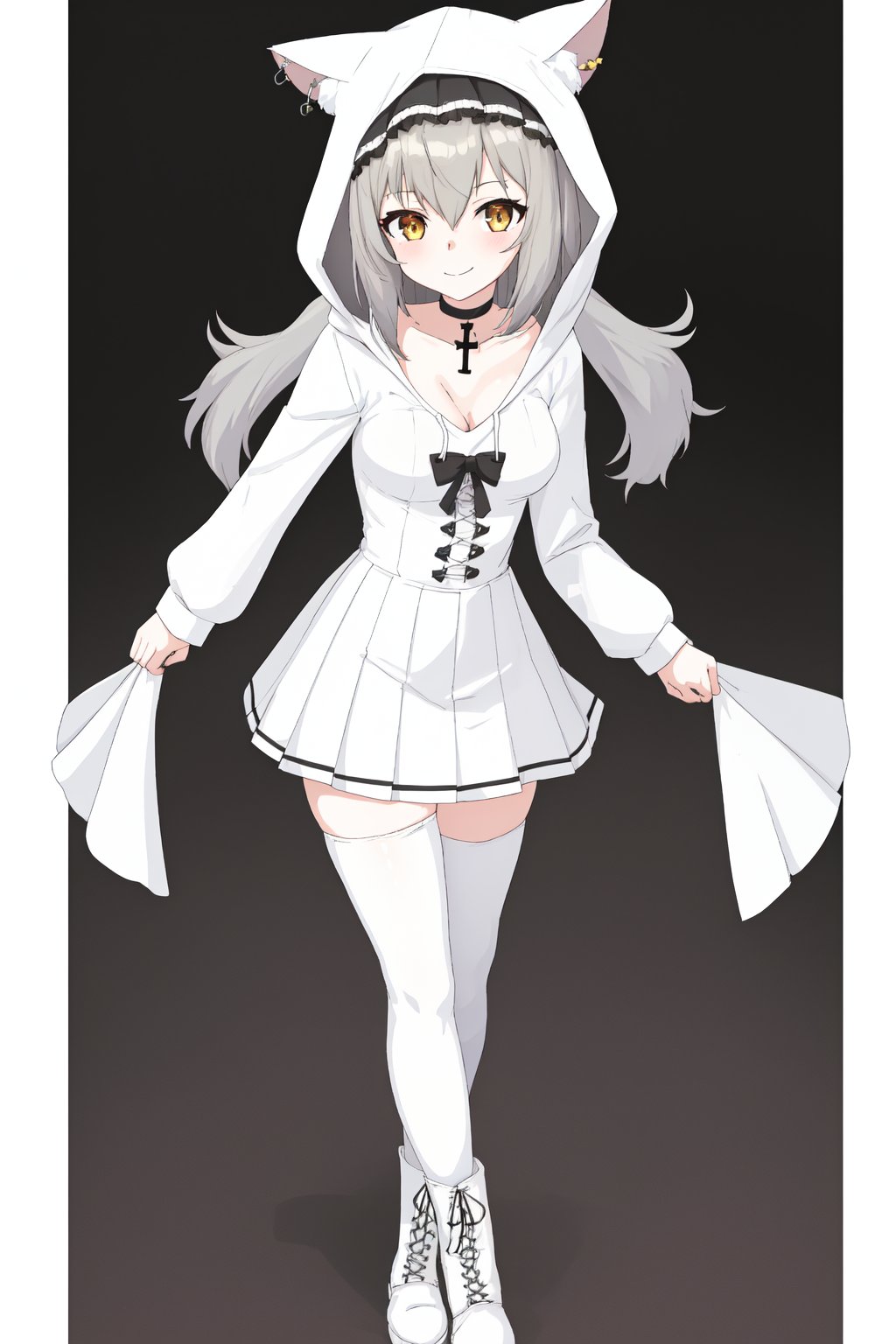 1girl, solo, long hair, breasts, looking at viewer, blush, smile, bangs, skirt, simple background, thighhighs, long sleeves, white background, dress, bow, animal ears, brown eyes, jewelry, medium breasts, closed mouth, standing, collarbone, full body, yellow eyes, grey hair, pleated skirt, hairband, boots, shoes, choker, virtual youtuber, hood, necklace, white dress, white thighhighs, fake animal ears, white footwear, white skirt, cross, black hairband, cross-laced footwear, puffy long sleeves, hood up, pleated dress

