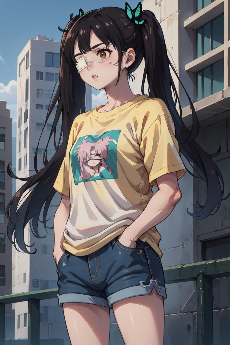 masterpiece, best quality, absurdres, 1girl, solo, YaeYoshida, eyepatch, twintails, butterfly hair ornament, t-shirt, denim shorts, standing, outdoors, city, hands in pockets, <lora:CHAR-YaeYoshida:1>