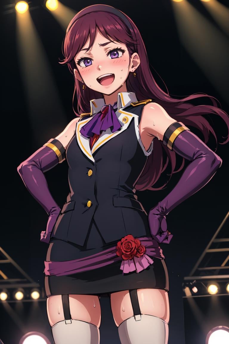 masterpiece, best quality, absurdres, 1girl, solo, ErenaTodo, long hair, hairband, earrings, black shirt, sleeveless, epaulettes, purple ascot, elbow gloves, black skirt, garter straps, thigh boots, hands on hips, stage lights, on stage, sweat, blush, :d, smile, <lora:CHAR-ErenaTodo:1>