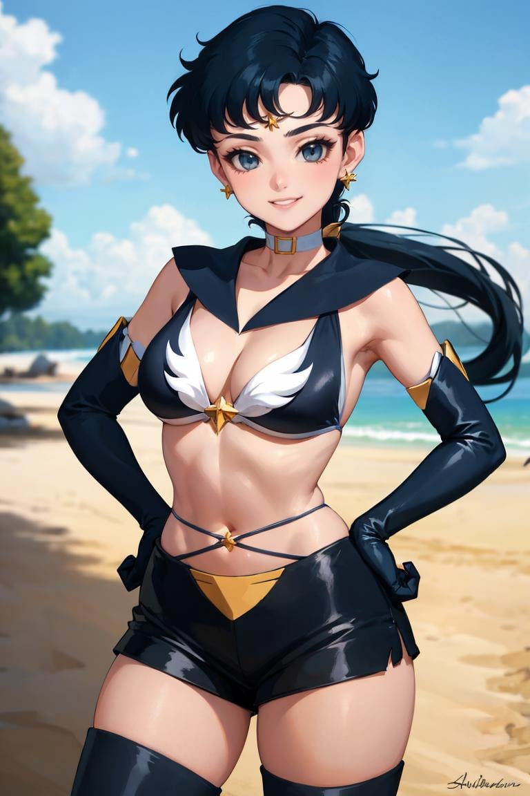 masterpiece, best quality, absurdres, 1girl, solo, SailorStarFighter, long hair, ponytail, earrings, circlet, choker, bikini armor, black sailor collar, belt, elbow gloves, black shorts, thigh boots, hands on hips, smile, outdoors, <lora:CHAR-SailorStarFighter:0.8>