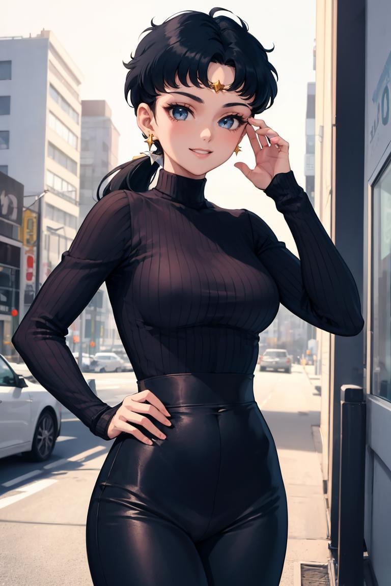 masterpiece, best quality, absurdres, 1girl, solo, SailorStarFighter, long hair, low ponytail, earrings, sharp eyes, sweater, ribbed sweater, long sleeves, high-waist pants, outdoors, city, smile, <lora:CHAR-SailorStarFighter:0.8>