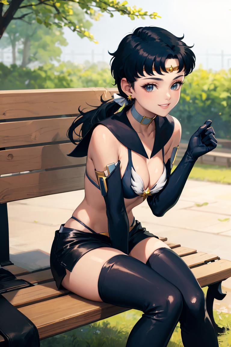 masterpiece, best quality, absurdres, 1girl, solo, SailorStarFighter, long hair, low ponytail, earrings, circlet, choker, bikini armor, black sailor collar, belt, elbow gloves, black shorts, thigh boots, outdoors, sitting, on bench, park scene, smile, <lora:CHAR-SailorStarFighter:0.8>