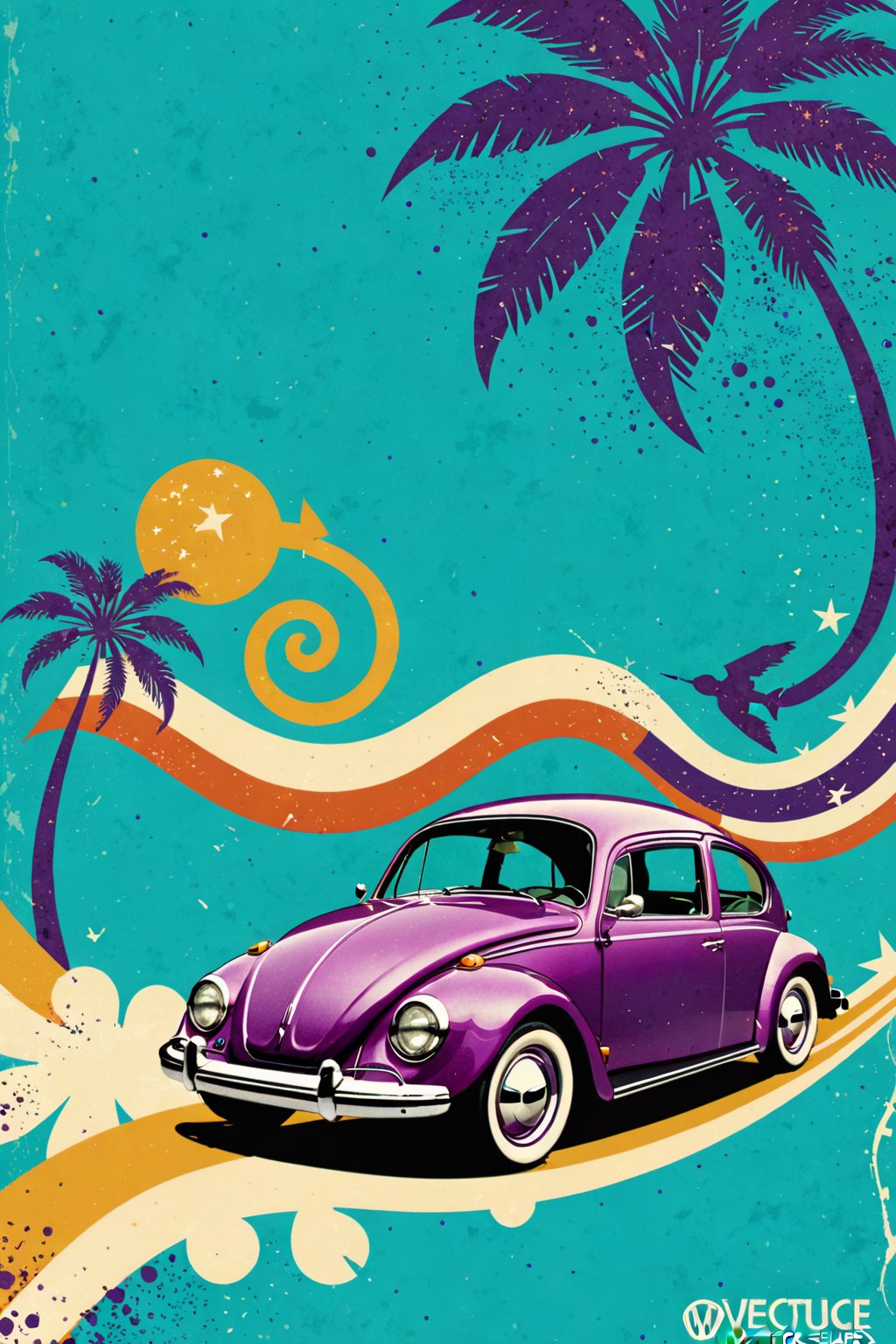 (An amazing and captivating abstract illustration:1.4), purple VW Beetle, veichle focus, motor vehicle, no humans, (grunge style:1.1), (frutiger style:1.3), (colorful:1.3), (2004 aesthetics:1.2). BREAK (beautiful vector shapes:1.3), clouds, swirls, arrow \(symbol\), palm trees, (no text:1.4), (teal gradient background:1.3). BREAK highest quality, sharp details, oversaturated, detailed and intricate, original artwork, trendy, vintage, award-winning, artint, SFW