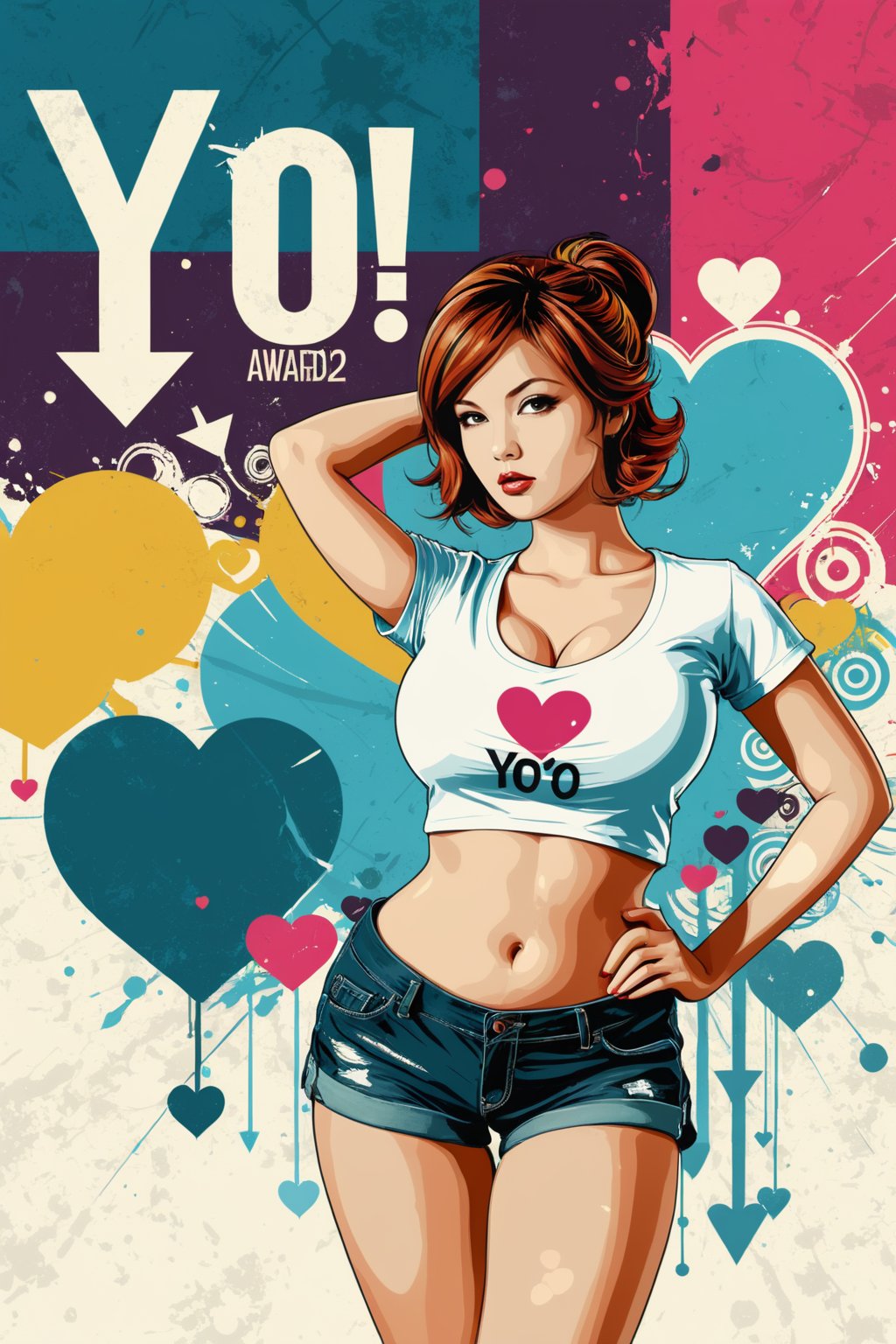 (An amazing and captivating abstract illustration:1.4), 1girl, female focus, large breasts, huge breasts, (wearing t-shirt:1.3), shorts, (grunge style:1.2), (frutiger style:1.4), (colorful and minimalistic:1.3), (2004 aesthetics:1.2),(beautiful vector shapes:1.3), with (the text "YO!":1.1), text block. BREAK swirls, x \(symbol\), arrow \(symbol\), heart \(symbol\), gradient background, sharp details, oversaturated. BREAK highest quality, detailed and intricate, original artwork, trendy, mixed media, vector art, vintage, award-winning, artint, SFW,