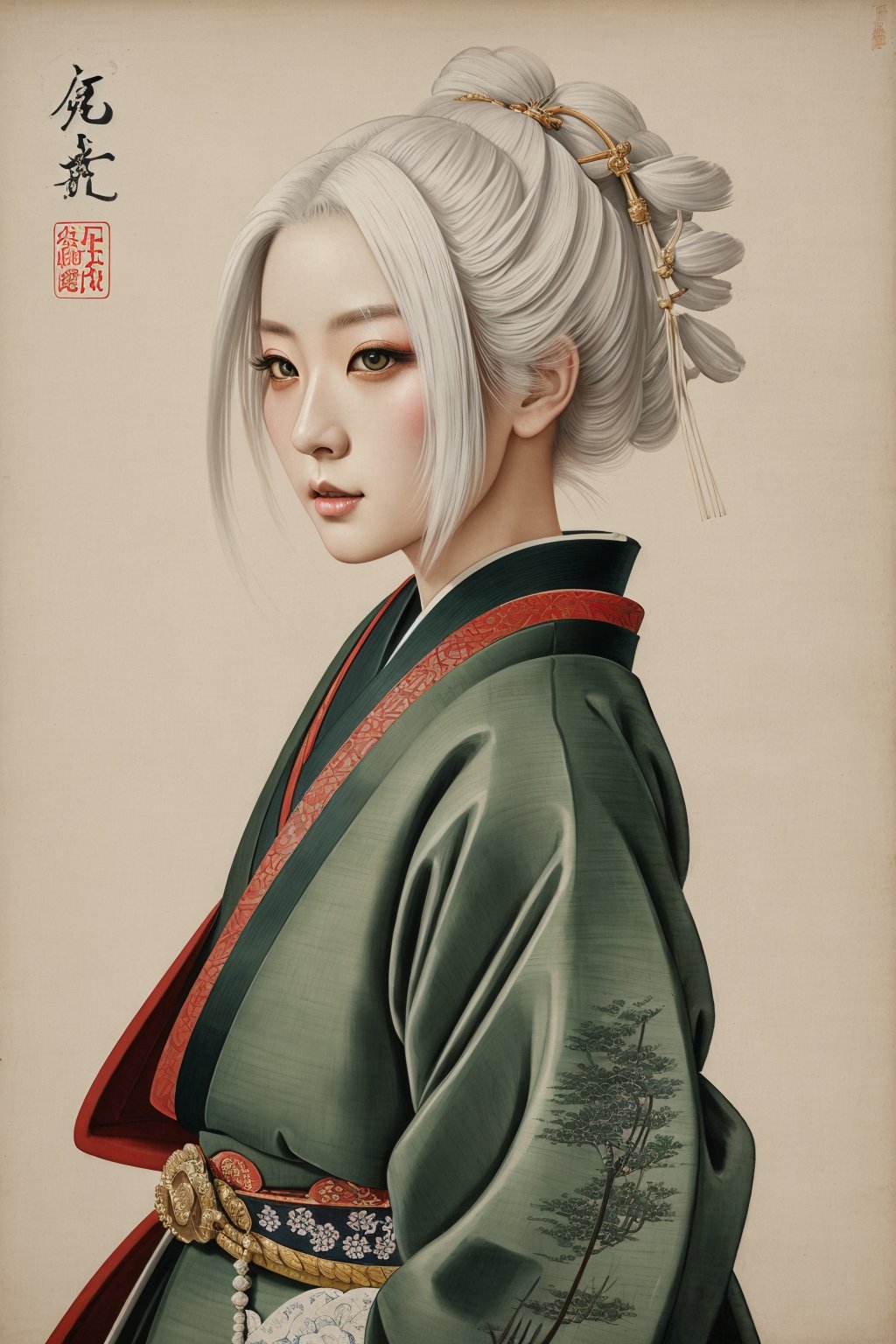 Japanese art, 1girl, samurai, traditional japanese painting, masterpiece, detailed, white hair, green eyes, full body, detailed background
,photorealistic