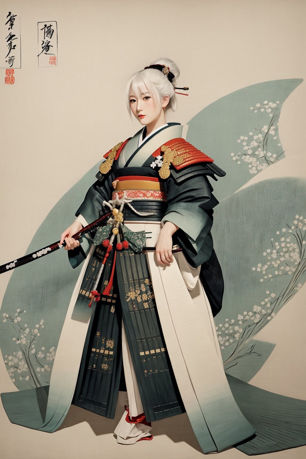 Japanese art, 1girl, samurai, traditional japanese painting, masterpiece, detailed, white hair, green eyes, full body, detailed background