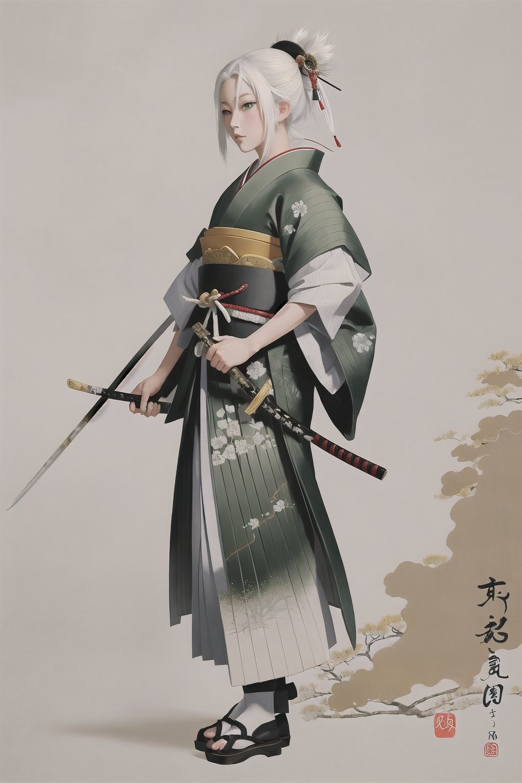 Japanese art, 1girl, samurai, traditional japanese painting, masterpiece, detailed, white hair, green eyes, full body, detailed background