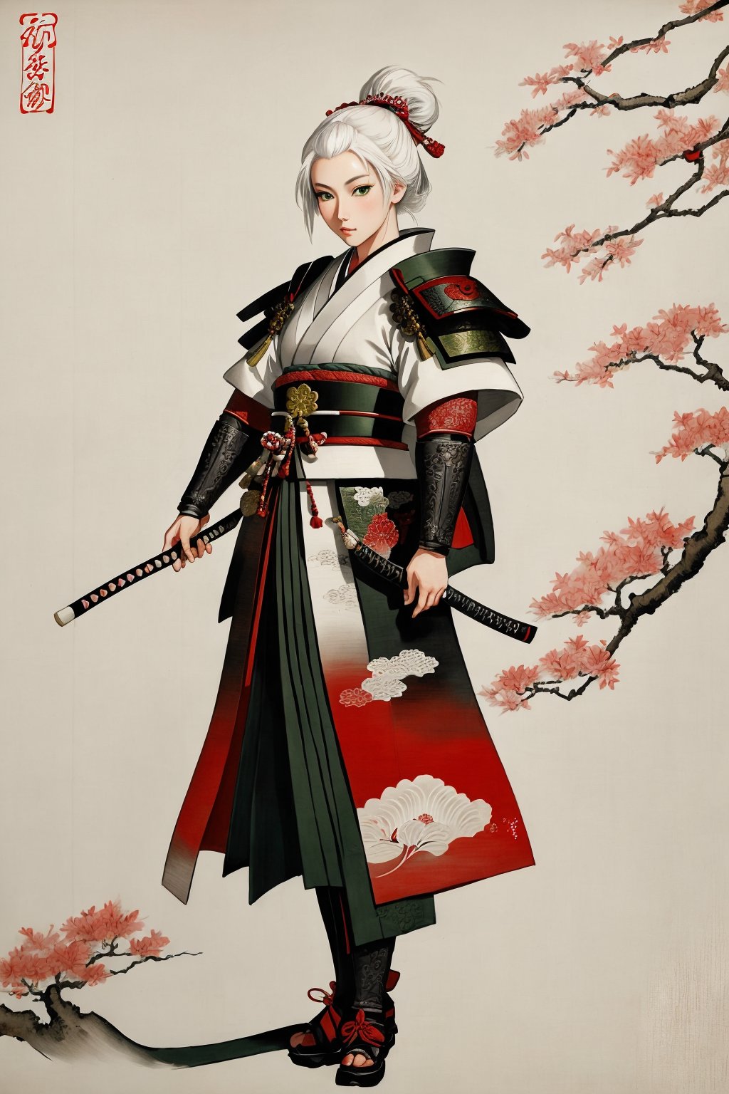 Japanese art, 1girl, samurai, traditional japanese painting, masterpiece, detailed, white hair, green eyes, full body, detailed background, japanese
