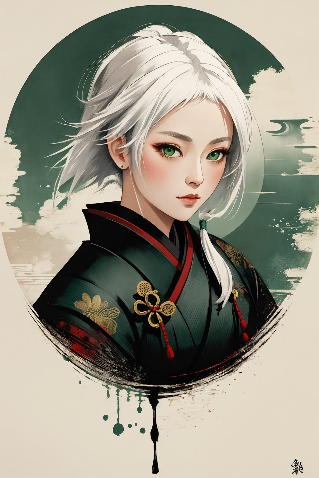 Japanese art, 1girl, samurai, painting, masterpiece, detailed, white hair, green eyes