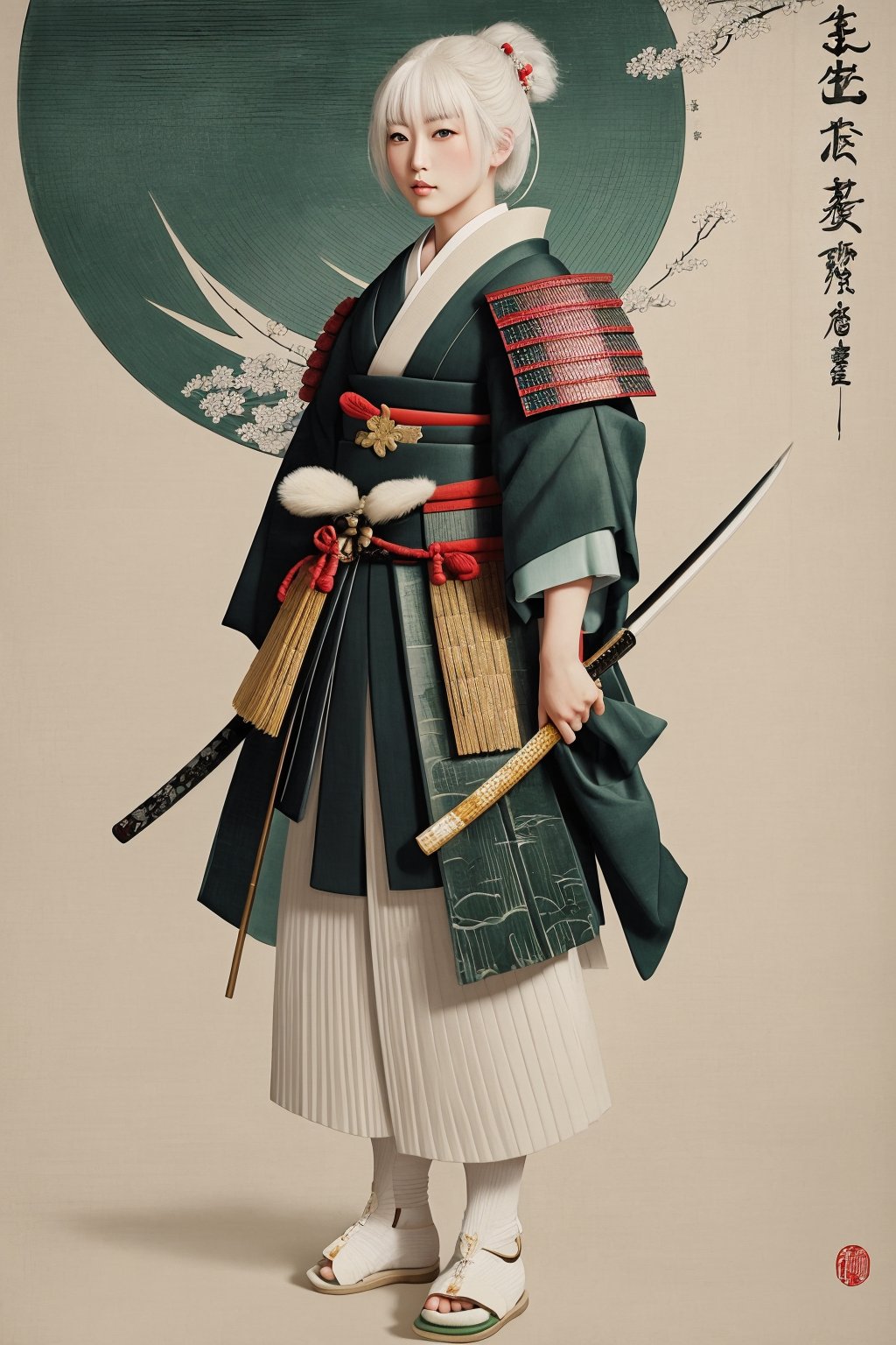 Japanese art, 1girl, samurai, traditional japanese painting, masterpiece, detailed, white hair, green eyes, full body, detailed background