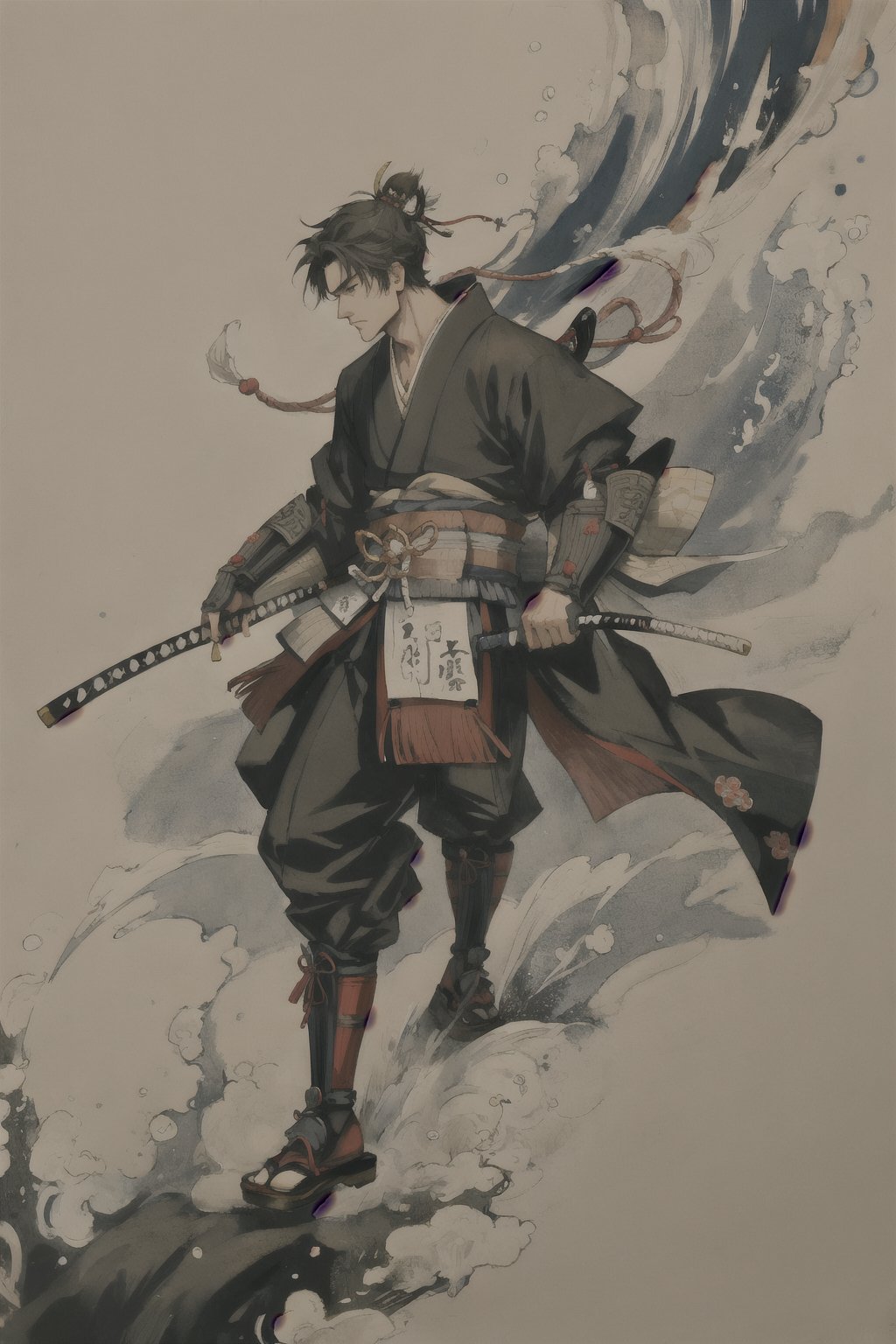 Japanese art, samurai, painting, traditional, 1boy