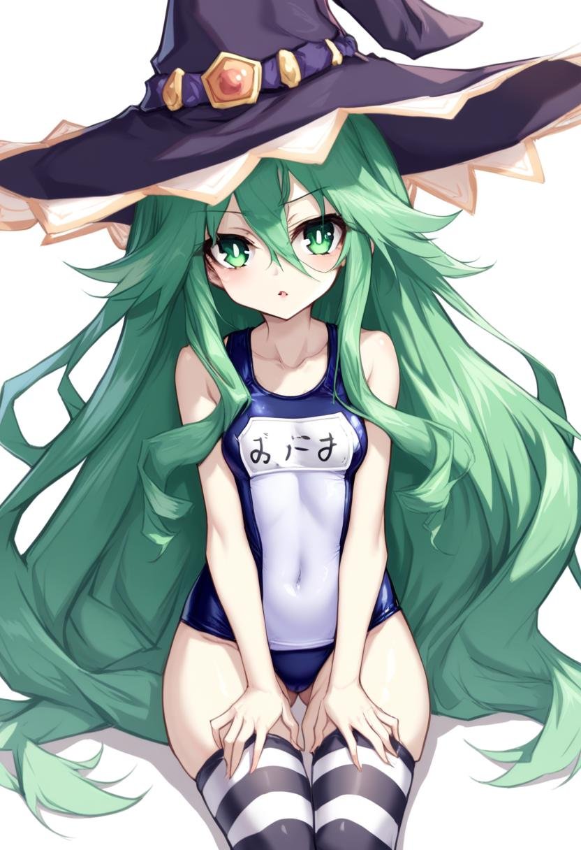 1girl, natsumi \(date a live\), date a live, shanyao jiang tororo, breasts, bright pupils, covered navel, flipped hair, green eyes, green hair, hair between eyes, hair ribbon, hat, long hair, old school swimsuit, one-piece swimsuit, parted lips, ribbon, school swimsuit, sidelocks, small breasts, solo, striped clothes, striped thighhighs, swimsuit, thighhighs, tress ribbon, very long hair, white one-piece swimsuit, white pupils, witch hat, very aesthetic, masterpiece, absurdres, <lora:serie-date_a_live>