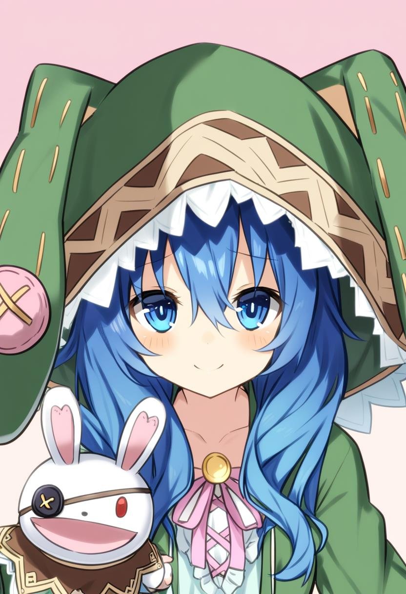 1girl, yoshino \(date a live\), yoshinon, date a live, hoshibana anima, animal ears, animal hood, blue eyes, blue hair, eyepatch, fake animal ears, green hoodie, hand puppet, hood, hoodie, light, long hair, long sleeves, looking at viewer, puppet, rabbit ears, rabbit hood, smile, very aesthetic, masterpiece, absurdres, <lora:serie-date_a_live>